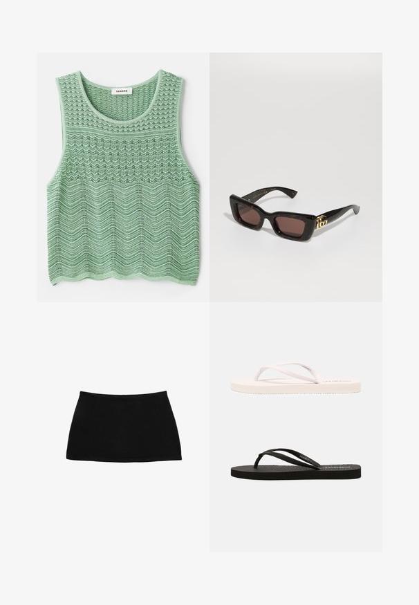 Top senza maniche di colore verde lavorato a maglia, con un motivo a onde testurizzato, caratterizzato da un scollo rotondo e orlo dritto. Etichetta: Sandro.; Gonna corta nera in cotone con un cinturino aderente. Texture liscia, design semplice e orlo dritto. Nessun motivo aggiuntivo o hardware visibile.; Infradito in gomma bianchi e neri con suole testurizzate, fasce sottili e colori a contrasto. Ogni paio presenta un design semplice e un branding minimale.; Occhiali da sole in tartaruga nera con lenti rettangolari, tonalità marrone, montatura spessa e dettagli con logo doppia G dorato sulle tempie.; Stradivarius SET - Bracciale - dark brown