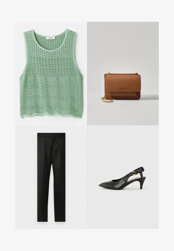 Grøn strikket ærmeløs bluse med et struktureret bølgemønster, der har en rund halsudskæring og lige kant. Mærke: Sandro.; Sorte bukser med en glat stof, skræddersyet design, lige ben og en flad talje uden synlige lukninger eller lommer.; Sorte læderslingback pumps med spids tå, lille hæl og en spænde detalje på ankelremmen. Glat tekstur, minimalistisk design.; Brun tekstureret læder crossover-taske med guldkæde-rem og klaplukning. Forsiden har logo-detalje og en lomme under klappen.