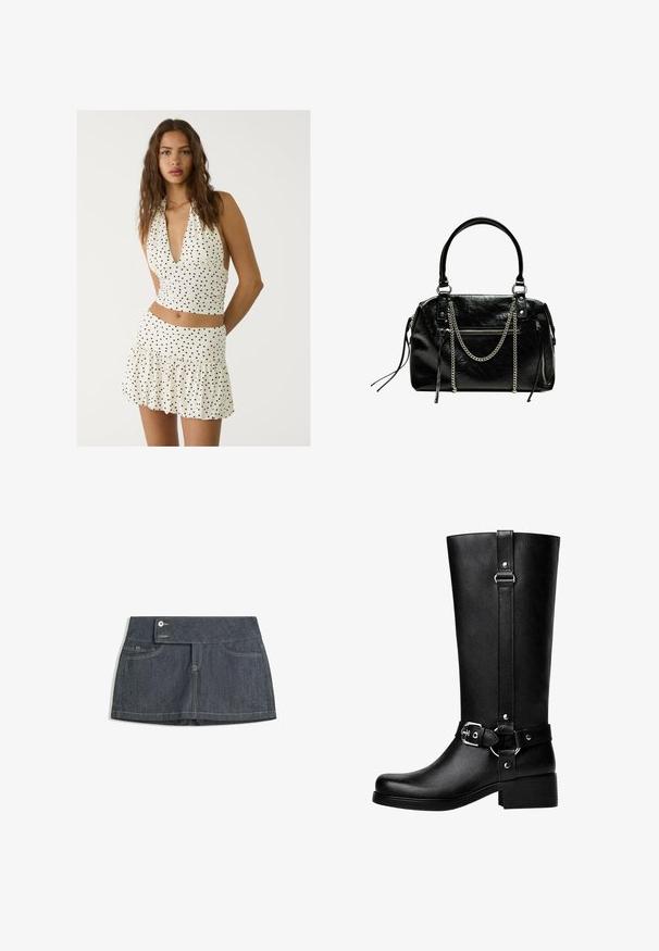 Valkoinen halterneck-toppi, jossa on mustia pallokuvioita, syvä V-pääntie ja rypytetty muotoilu. Yhdistetty vastaavanlaiseen kerrokselliseen mini-hameeseen.; Tummansininen farkkahame, jossa on korkea vyötärö, kaksi etutaskua, nappisuljenta ja kontrastiväriset tikkausreunat.; Pitkät mustat keinonahkabootsit, joissa on pyöreä kärki, vyösolkiyksityiskohta ja iso korko. Suora pinta ja pystysauma varressa.; Bershka WITH CHAIN - Käsilaukku - black