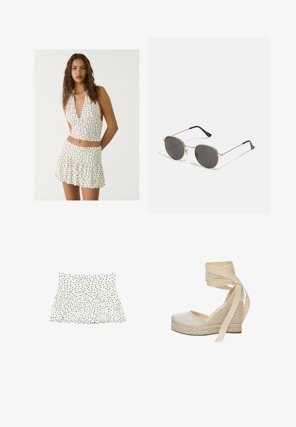 White halter top with black polka dots, featuring a deep V-neck and ruched design. Paired with a matching tiered mini skirt.; White fabric skirt with a gathered design, featuring a black polka dot pattern throughout. Elastic waistband with a flared hem.; Beige espadrille wedge with a textured fabric upper, jute platform, and long fabric ankle ties. Features a rounded toe and woven heel detail.; Round sunglasses with dark lenses, thin gold metal frame, plastic temple tips, and adjustable nose pads. Minimalist design with a classic look.; Woven beige handbag with a textured design, featuring a ruffled satin interior and fringed detailing, finished with two braided handles.