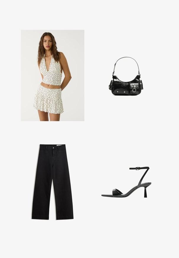 Vitt halterneck-top med svarta prickar, med djup V-ringning och rynkdesign. Kombineras med en matchande flerv-lager mini kjol.; Svarta vida denimbyxor med hög midja, med fram- och bakfickor, sydda sömmar och knappstängning. Slät textur.; Bershka Sandaletter - black; Svart lackläderhandväska med en rundad form, en axelrem, framfickor och detaljer i silverfärg.