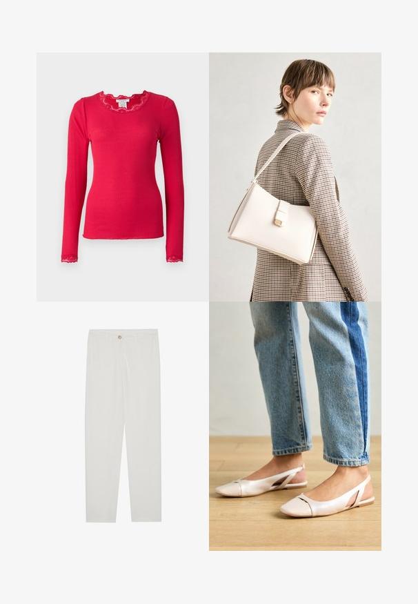Rosemunde BABETTE - Maglietta a manica lunga - crimson; Pantaloni bianchi su misura con design a gamba dritta, dotati di chiusura a bottone, passanti per cintura e tasche laterali; tessuto morbido.; Ballerine slingback rosa pallido con punta affusolata, realizzate in un materiale simile alla pelle liscio. Presentano dettagli a taglio sui lati e un tacco piatto.; Borsa a mano in pelle bianca con un design strutturato, presente di un clasp magnetico e una tracolla, esposta su uno sfondo neutro.