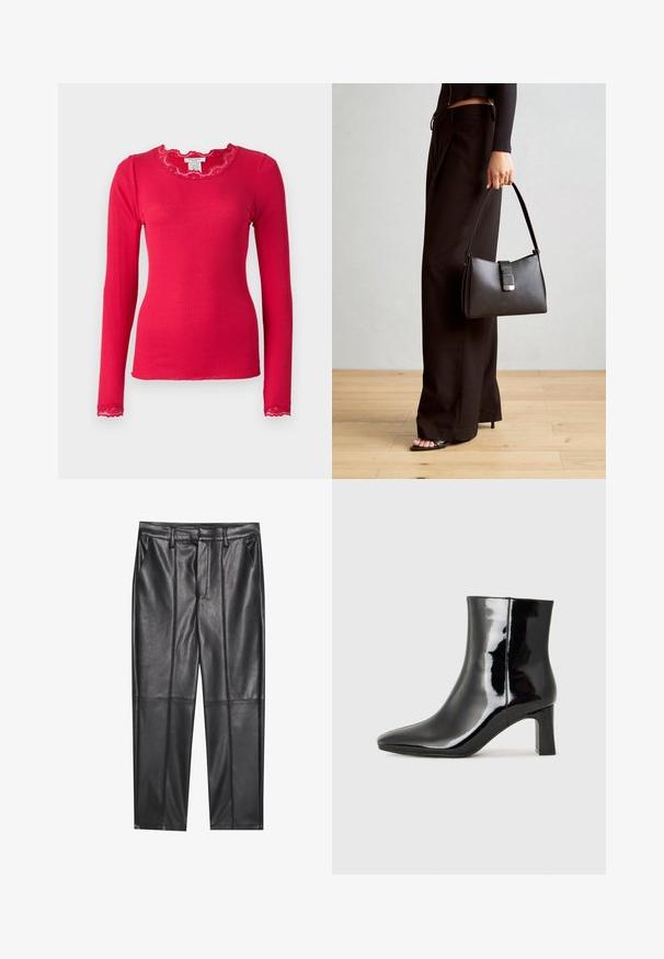 Rosemunde BABETTE - Långärmad tröja - crimson; Svarta läderbyxor med en slät textur, med rak passform, två framfickor och synliga sömdetaljer.; Svart lackläder ankelboot med spetsig tå och en medelhög klack. Slät textur och minimalistisk design.; Svart handväska med strukturerad form, slät yta och metallspänne. Matchad med vida svarta byxor och sandaler med öppen tå på trägolv.
