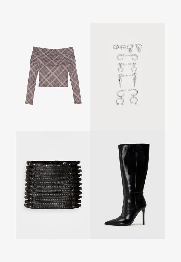 Ilgų rankovių, bepečių viršus iš minkštos medžiagos, su švelniu languotu raštu rudos ir béžo atspalviuose, pasižymintis laisvu kirpimu.; Juodos odos mini sijonas su horizontaliomis dirželio detalėmis ir sidabriniais kniedėmis viršutinėje kraštinėje bei vertikaliuose šonuose.; Juodos odinės iki kelių ilgio botai su smailiu nosiu ir aukštu stiletto kabliu. Lygi tekstūra ir stilingas dizainas, turintis minimalų detalizuotumą.; Sidabro auskarų rinkinys, kuriame yra įvairių dizainų: žiedai, studai ir kabančios stiliai, su rutuliukų akcentais ir smailiais elementais.