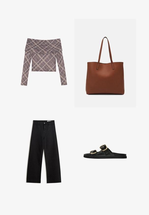 Hosszú ujjú, vállnál szabott felső puha anyagból, tompa kockás mintával barna és bézs árnyalatokban, laza szabással.; Fekete, bő szabású farmernadrág magas derékkal, elülső és hátsó zsebekkel, varrott felületekkel és gombos záródással. Sima textúra.; Fekete csúszó szandál, két arany csattal, sima textúrájú anyagból, lapos talppal és minimalista dizájnnal.; Barna bőr vászontáska sima textúrával, nyitott tetejű dizájnnal és két vállpánttal. Minimális varrással és látható hardver nélkül készült.