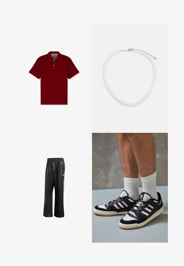 Bordeaux polo shirt van katoen, met een klassieke kraag, een sluiting met drie knopen en korte mouwen. Effen kleur, gladde textuur.; Zwarte synthetische trainingsbroek met een elastische tailleband, voorzien van witte zijstrepen en een klein wit logo op de linkse heup.; Zwart-witte sneakers met een bovenwerk van suede en leer, voorzien van drie witte strepen, een geperforeerde neus en een rubberen gumzool.; Witte parelketting met een uniforme ronde vorm, gladde oppervlakte en een metalen sluiting met een uitbreidingsketting voor verstelbare lengte.
