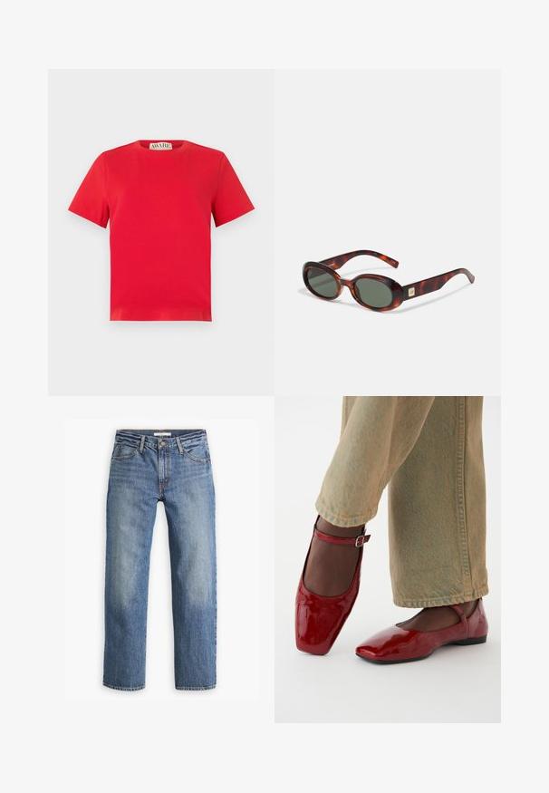 Red cotton t-shirt with a crew neck and short sleeves. Simple design, no patterns, featuring a straight hem and AWARE brand label inside.; Light blue denim jeans, straight-leg design, mid-rise waist, five pockets, tonal stitching, and a button fly.; Red patent leather shoes with a square toe, low heel, and ankle strap, paired with light green wide-leg jeans. Smooth texture, reflective surface.; Tortoise-shell sunglasses with dark lenses, oval shape, and wide arms. Features a small gold accent on the side. Smooth plastic material.