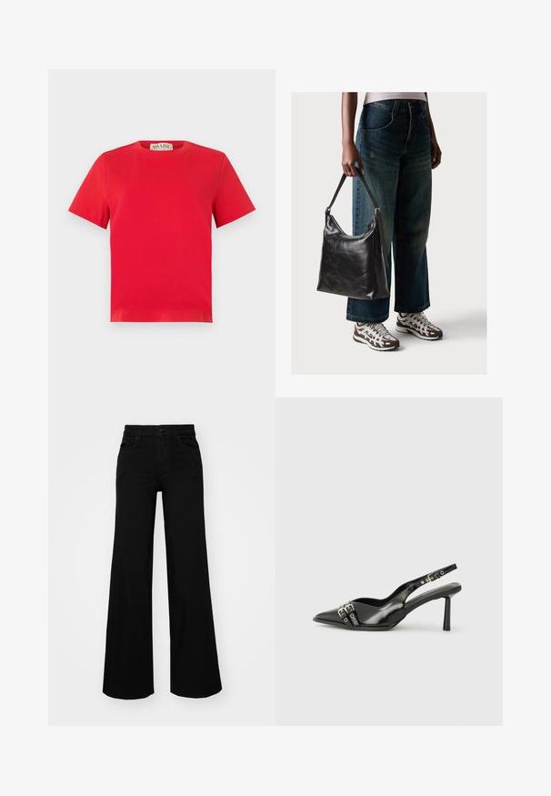 Punane puuvillane T-särk ümmarguse kaelusega ja lühikeste varrukatega. Lihtne disain, ilman mustrit, sirge alumine serv ja AWARE brändi silt sees.; Mustad mustad püksid, mis on valmistatud denimist, struktuurse vöökohtade, vöökootidega ja esikottidega. Sile tekstuur klassikalise disainiga.; Must musta nahk kingad sanga ja terava ninaga, ankle strapidega, millel on hõbedased pandlad ja riistvara ning õhuke konts.; Must musta õlakott, millel on sile tekstuur ja reguleeritav rihm, koos pleekinud laia jalgadega teksade ja sportlike tossudega.