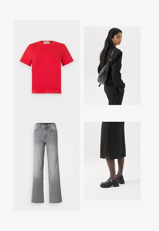 Rød bomulls t-skjorte med rund hals og korte ermer. Enkel design, ingen mønstre, med rett nederkant og AWARE-merkelapp inni.; Høyt liv, rette ben grå denimbukser med frontknapp og glidelås, front- og baklommer, samt falmet skygge på lår og legger.; Sorte lærersko med rund tå, tykk blokkheel og elastiske sideaksenter, sammen med mørke strømpebukser og et svart skjørt med splitt.; Kvinne med langt mørkt hår iført et svart jakkesett, som bærer en svart skinn skulderveske, og ser over skulderen mot en hvit bakgrunn.