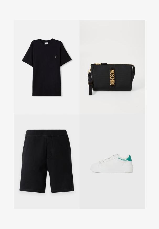 Črna bombažna majica s kratkimi rokavi, ki ima na prsih majhen vezen gosji naglas in okroglo izrez.; Črne športne kratke hlače iz mehkega materiala; imajo elastičen pas, dve stranski žepi in kontrastno šivanje.; Bele usnjene teniske z zaobljenim prstom, turkiznim poudarkom na peti in blagovno znamko "LOVE MOSCHINO" na zadnji strani. Ravna gumijasta podplat.; Črna najlon torbica z zlatim okovjem, ki ima osrednji logotip. Vključuje odstranljiv trak in zadrgo za varno uporabo.