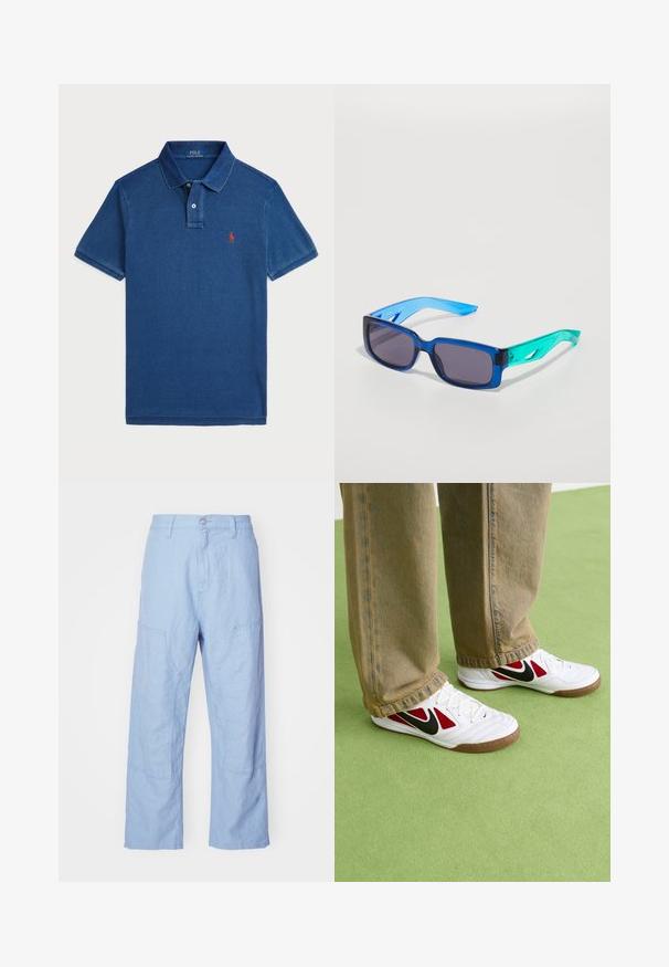 Blå polo skjorte i blødt bomuld, med klassisk krave, to-knaps placket og et lille rødt broderet logo på brystet.; Lyseblå linbukser med en avslappet passform, med brystlommer og synlige sømdetaljer. Stoffet har en myk, teksturert overflate.; Hvite Nike-sneakers med røde og svarte detaljer, med en teksturert overflate og brun gummisåle, brukt med lysebrune denim-bukser.; Blå og grønne solbriller med rektangulære linser; gjennomsiktige rammer; teksturerte blå armer; mørke linser; tydelig merkevare på siden.