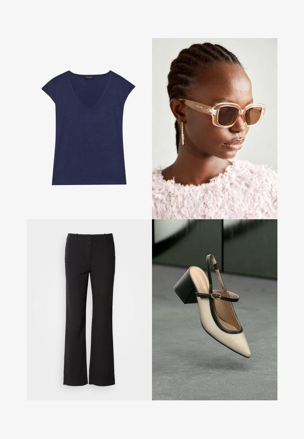 Tengerészkék, rövid ujjú felső, V-nyakkivágással. Puha anyagból készült, sima textúrával és tiszta szegéllyel.; Fekete pamut keverék nadrág egyenes szárú dizájnnal, elülső gombos záródással és két oldalsó zsebbel. Simára kialakított textúra, nincs látható minta.; Beige, hegyes orrú, pántos cipő fekete díszítéssel, arany csattal és vastag blokk sarokkal, szürke padlón, sötétzöld háttér előtt.; Beige, oversized napszemüveg átlátszó kerettel és barna árnyékolt lencsékkel, diszkrét virágos díszítéssel és merész, geometrikus formával.