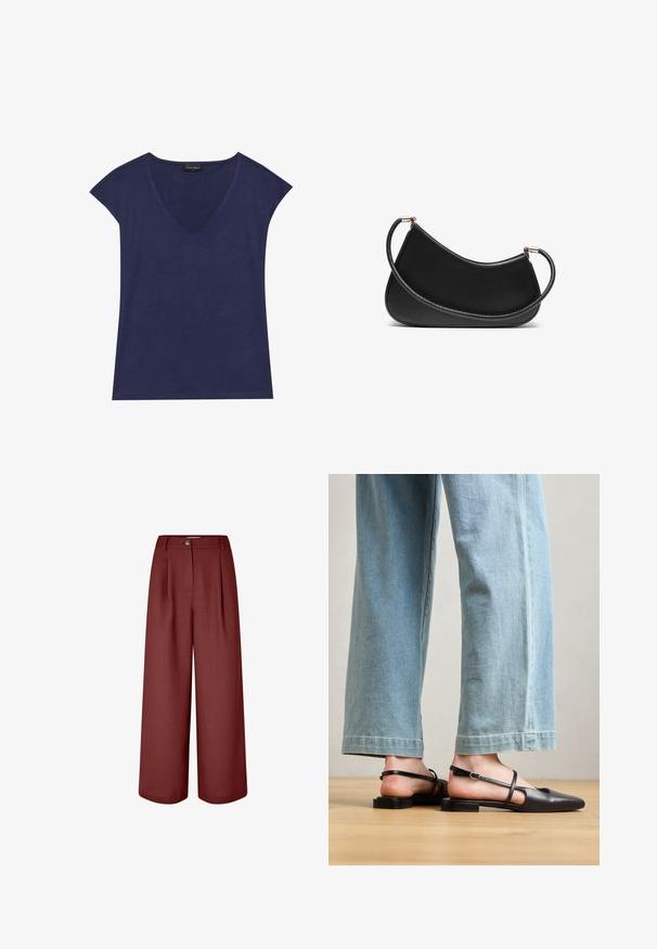 Marineblå kortærmet top med V-udskæring. Lavet af blødt stof, har en glat tekstur og pæne kantafslutninger.; Videbenede bukser i en rig bordeauxfarve, lavet af glat stof. Har en talje, forreste folder og en enkelt knaplukning.; Sorte læder slingback-sko med spidse tæer, flad hæl og ankelrem; båret med lyseblå viddebenede jeans.; Sort læder skuldertaske med en buet design, der har en tekstureret rem og hardware i guldtonet ved lukningen for oven. Glat finish.; Sæt af guldfarvede øreringe med forskellige designs, herunder studs, hoops og hængende modeller med perler og rhinsten.