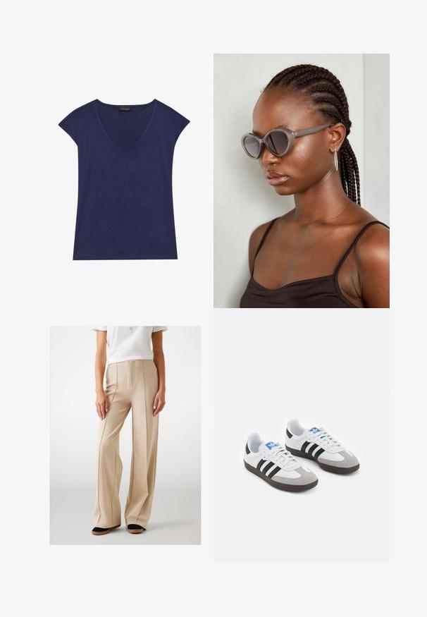 Tamsiai mėlynas trumpomis rankovėmis marškinėliai su V formos iškirpte. Pagaminta iš minkštos medžiagos, pasižymi lygiu paviršiumi ir tvarkingai apdirbtu kraštu.; Kreminės plačių kojų kelnės, pagamintos iš lygios medžiagos, su priekyje esančiomis raukšlėmis ir aukštu liemeniu. Derinamos su juodais ir ruda plokščiadugniu bateliais.; Sportiniai batai su balta odine viršutine dalimi, pilku zomšiniu priekiu ir trimis juodomis juostelėmis. Ant liežuvio yra mėlynas logotipas, o padas pagamintas iš tekstūruoto gumos.; Pilki per dideli akiniai suapvalinta forma ir tamsiais lęšiais. Išskirtinės plastikinės rėmo formos glotnus paviršius. Modelis turi nertas plaukus.