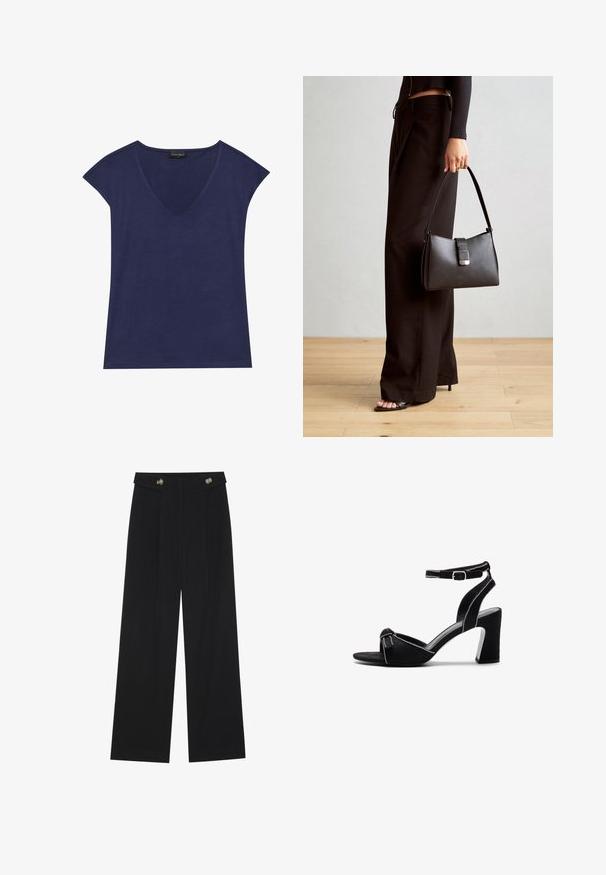 Námořnická modrá halenka s krátkým rukávem a výstřihem do V. Vyrobena z měkké tkaniny, která má hladkou texturu a pečlivě zakončené okraje.; Černé široké kalhoty s vysokým pasem, detailní knoflíky na pase a přední záhyby.; Černé semišové sandály na podpatku s širokým blokovým podpatkem, nastavitelným páskem kolem kotníku, otevřenou špičkou a kontrastním prošitím.; Černá kabelka se strukturovaným tvarem, hladkým povrchem a kovovým uzávěrem. Kombinována s širokými černými kalhotami a sandály s otevřenou špičkou na dřevěné podlaze.