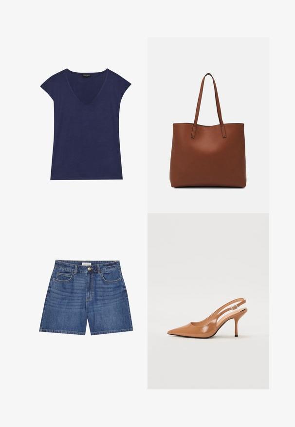 Tengerészkék, rövid ujjú felső, V-nyakkivágással. Puha anyagból készült, sima textúrával és tiszta szegéllyel.; Sötétkék farmer sort, klasszikus ötpocket dizájnnal, enyhe fakulással és gombos zárással a deréknál.; Fingerszűk, hegyes orrú, háttámlás sarokcipő sima, fényes barnás anyagból. Íves kivágású dizájn és karcsú stiletto sarkú. Ezüst csattal ellátva.; Barna bőr vászontáska sima textúrával, nyitott tetejű dizájnnal és két vállpánttal. Minimális varrással és látható hardver nélkül készült.