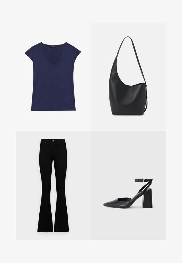 Mörkblå kortärmad topp med V-ringning. Tillverkad av mjukt material med slät yta och fint avslut på fållen.; Svarta högmidjade jeans med knäppning och dragkedja, frontfickor och utsvängda ben, liggande platt på en vit bakgrund.; Svart läderpumps med spetsig tå, ankelrem och kraftig klack. Slät textur, stilren design och minimalistisk estetik.; Svart läder hobo-väska med en slät textur, kurvig form och en justerbar axelrem; har en bred öppning upptill.
