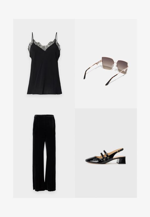 Melnā kamzolīte ar plānām siksnām, V veida dekoltē un mežģīņu apdari ap dekoltē, izgatavota no gludas, vieglas auduma.; Melna samta plaša vila bikses ar gludu tekstūru, ar augstu jostu un divām priekšējām krokām, kas sniedzas līdz zemei.; Melna lakotā ādas sandale ar norādītu pirkstu, divām siksnām, zelta apaļiem akcentiem un zemu bloku papēdi.; Saulesbrilles ar rozā zelta metāla rāmi, leņķiskām lēcām, kas tonētas no tumši brūnas līdz gaiši brūnai, un bruņurupuča raksts uz tempļiem.; Melnā tote soma, kas izgatavota no teksturēta sintētiska materiāla, ar divām rokām, zelta logotipa plāksni un mazu piekariņu ar akcenta detaļu.