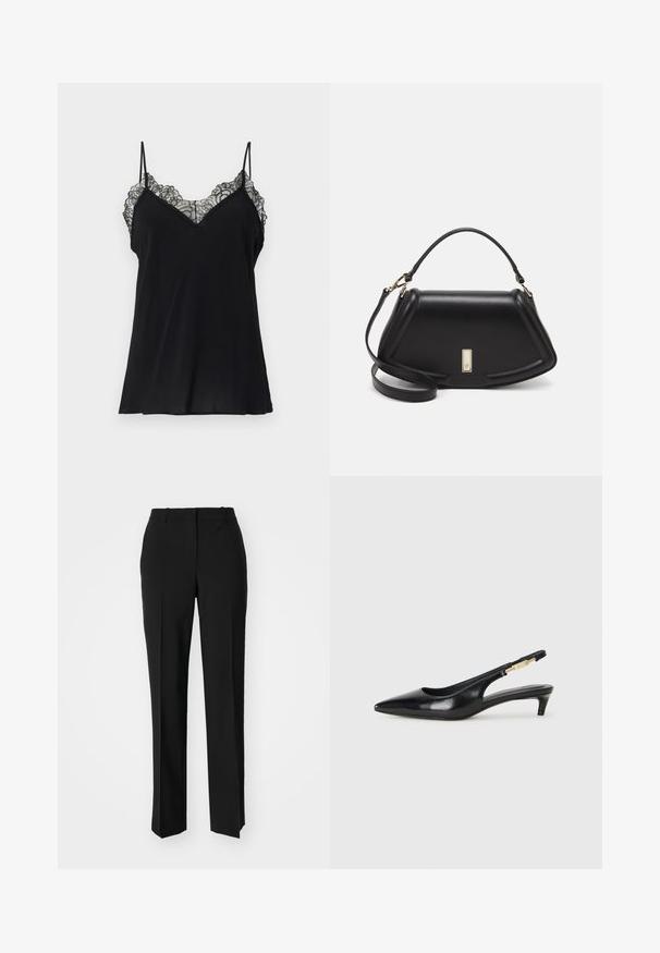 Schwarzes Trägershirt mit dünnen Trägern, V-Ausschnitt und einem Spitzenbesatz entlang des Ausschnitts, aus einem glatten, leichten Stoff gefertigt.; Schwarze, taillierte Hose mit geradem Bein, aus einem glatten Stoff und mit klaren Falten an der Vorderseite. Keine sichtbare Hardware.; Schwarze Leder-Slingback-Pumps mit spitzem Schuhblatt, ausgestattet mit einem schlanken Absatz und einem goldfarbigen Akzent am verstellbaren Riemen. Glatte Textur.; Schwarze Lederhandtasche mit einem strukturierten Design, das eine verkürzte Form, einen oberen Griff und goldfarbene Hardware-Details aufweist. Verstellbarer Schulterriemen ist enthalten.