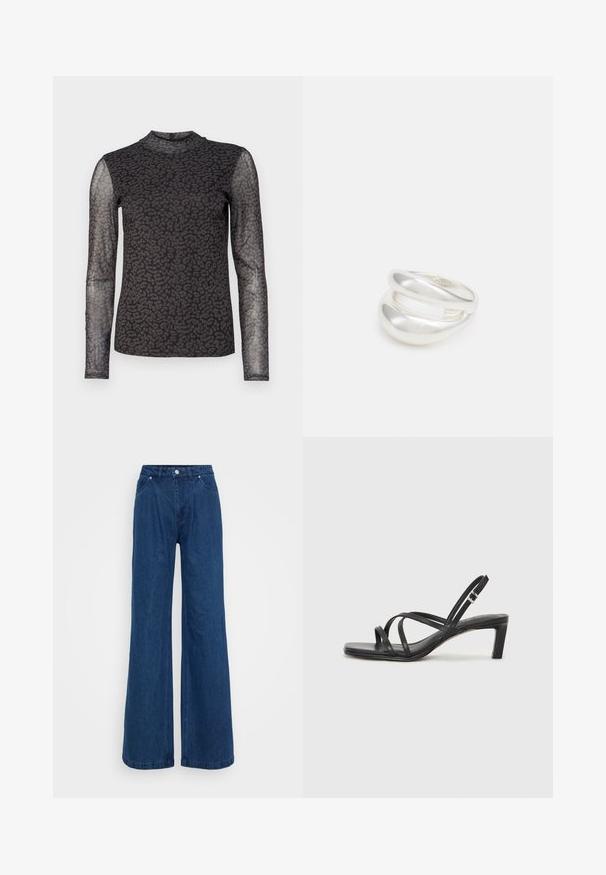 Pitkähihainen paita, jossa on musta puoliksi läpikuultava kangas ja leopardikuosis. Korkea kaulus ja muotoiltu siluetti. Teksturointi hihoissa.; Laivansiniset leveälahkeiset farkut korkealla vyötäröllä, edessä napit ja vetoketju, sekä etu- ja takataskut tasaisella taustalla.; Mustat hihnalligat, joissa on neliön muotoinen kärki ja matala lohkokorko. Ominaisuuksiin kuuluu useita ohuita hihnoja ja säädettävä nilkkahihna. Valmistettu sileästä nahasta.; Hopeinen kaksinkertainen rengas, jossa on sileä, kiillotettu pinta. Siinä on sulava, kaareva muotoilu, jossa on päällekkäisiä osia modernin ilmeen saavuttamiseksi.