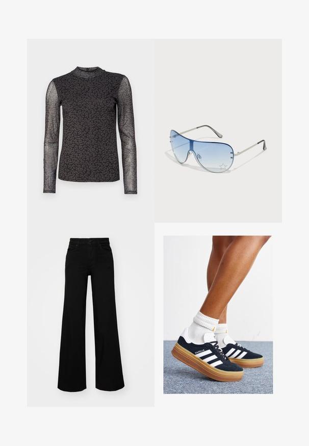 Blusa de mangas longas com um tecido preto semi-transparente com padrão de estampa de leopardo. Gola alta e silhueta ajustada. Detalhe texturizado nas mangas.; Calças largas pretas em denim, com uma cintura estruturada, passantes para cinto e bolsos frontais. Textura suave com um design clássico.; Ténis de camurça preta com riscas e detalhes brancos, biqueira arredondada, sola em borracha cor de goma, combinados com meias brancas caneladas até à altura do tornozelo.; Óculos de sol aviador com lentes azuis em degradê, armação metálica prateada e detalhes decorativos de estrelas nas lentes. Design suave e elegante.