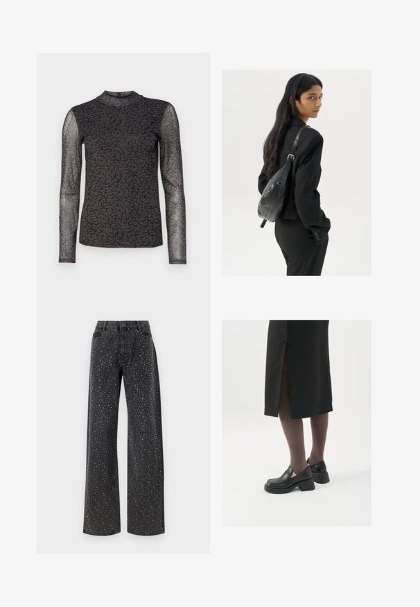 Pitkähihainen paita, jossa on musta puoliksi läpikuultava kangas ja leopardikuosis. Korkea kaulus ja muotoiltu siluetti. Teksturointi hihoissa.; Noisy May NMJANNEL LOOSE - Relaxed fit -farkut - black denim; Mustat nahkakengät pyöreällä kärjellä, paksulla lohkopohjalla ja joustavilla sivuakkesseilla, yhdistettynä tummiin sukkahousuihin ja mustaan hameeseen, jossa on halkio.; Nainen, jolla on pitkä tumma hius, pukeutuneena mustaan pukuun, kantaa mustaa nahkatoimistolaukku ja katsoo yli olkansa valkoista taustaa vasten.; Hopehope hopeilla, joissa on minimalistinen muotoilu. Pyöreä muoto, sileä pinta ja ohut profiili. Kevyet ja kiillotetut.