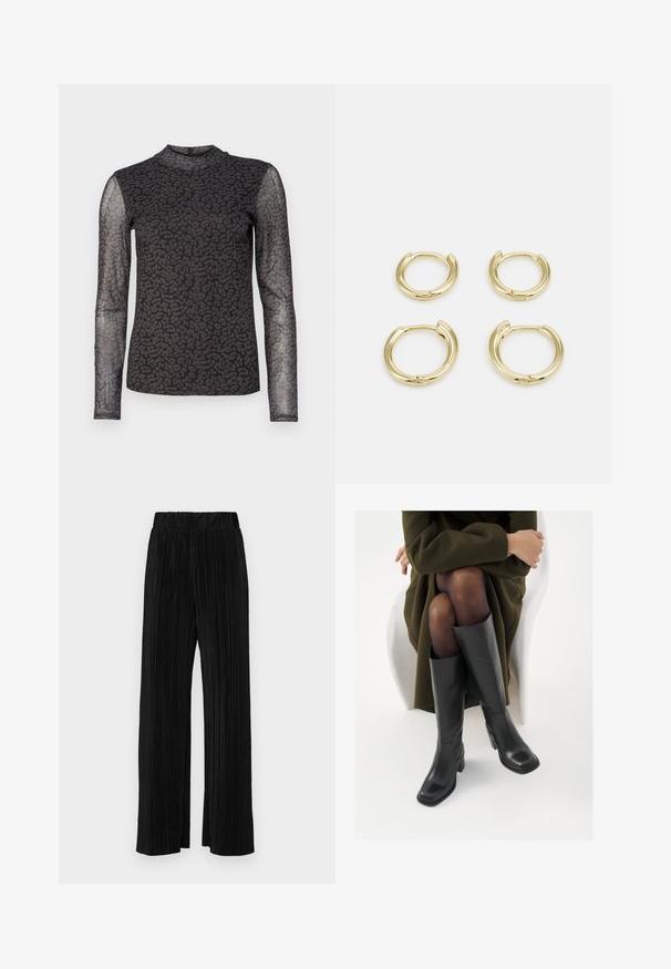 Ilgų rankovių marškiniai su juodu pusiau permatomu audiniu ir leopardų raštu. Aukštas iškirpimas ir prigludusi siluetas. Tekstūruota detalė ant rankovių.; Juodi plisuoti kelnės su elastine juosta. Turėkite plačias kojas ir glotnų, tekstūrinį audinį su vertikaliais dryžiais.; Juodos odinės pradžios ilgio bateliai su kvadratu formos nosimi ir bloko kulnu, demonstruojami su modeliu, sėdinčiu alyvuogių žalios spalvos švarku. Lygi tekstūra, minimalus puošimas.; Auksiniai kabančių auskarai, keturios dalys, lygi apdaila, suapvalinta forma, įvairių dydžių, su pasukamu užsegimu, kad būtų lengva dėvėti.
