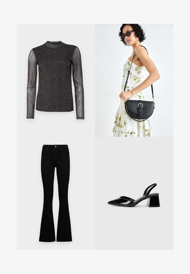 Hosszú ujjú felső, fekete, félig átlátszó anyagból, leopárdmintás kialakítással. Magas nyakú és testhez simuló fazon. Texturált részletek az ujjakon.; Fekete, magas derekú farmernadrág gomb- és cipzárzárral, elülső zsebekkel és harangszárral, laposan egy fehér háttérre terítve.; Fekete lakk bőr szandálkés magas sarkú cipő, hegyes orral és geometrikus tömbsarkakkal. Karcsú, minimalista dizájn és sima textúra jellemzi.; Fekete bőrtáska ívelt formával, levehető pánttal és arany színű fémrészekkel. A táskán egy csattal díszített fedél található.