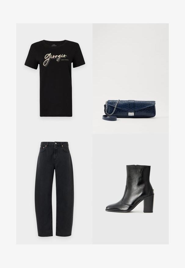 Juoda medvilnės marškinėliai trumpomis rankovėmis ir apvalia iškirpte, su blizgia "Giorgio" tekstu ir "Armani Exchange" logotipu kontrastingomis spalvomis.; Juodos džinsinės kelnės su tiesiais šonais, penkiais kišenėmis ir variniu akcentu. Audinys turi lygų paviršių ir klasikinį siuvimą.; Juodas odinis kulkšninis batas su lygiu paviršiumi, smailiu pirštu ir masyviu aukštu kulnu. Savybė - šoninis atidarymas ir minimalistiškas dizainas.; Tamsiai mėlynas odinis rankinukas su krokodilo raštu, sidabro spalvos grandinėlė ir metalinis užsegimas. Stačiakampio formos, užlenkiamas dizainas.