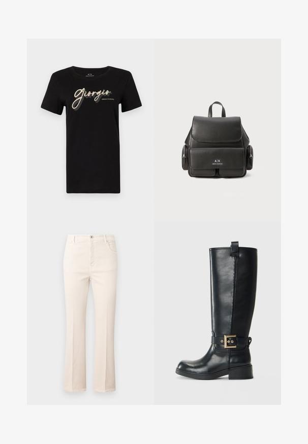 Melnas kokvilnas T-krekls ar īsām piedurknēm un apaļu kakla izgriezumu, kurā ir spīdīgi "Giorgio" teksti un "Armani Exchange" logotips kontrastējošās krāsās.; Platas beigtas džinsi ar augstu jostasvietu, izgatavotas no kokvilnas, ar piecām kabatām, pogu aizdari un smalkām izšūšanas detaļām.; Melnas ādas ceļgala augstuma zābaki ar zemu bloku papēdi, ar dekoratīvu zelta sprādzi ap potīti un cilpu augšpusē.; Melna ādas mugursoma ar atloku aizdari, priekšējo kabatu, sānu rāvējslēdzēju nodalījumus un augšējo rokturi. Iezīmēta ar logo detaļām priekšpusē.