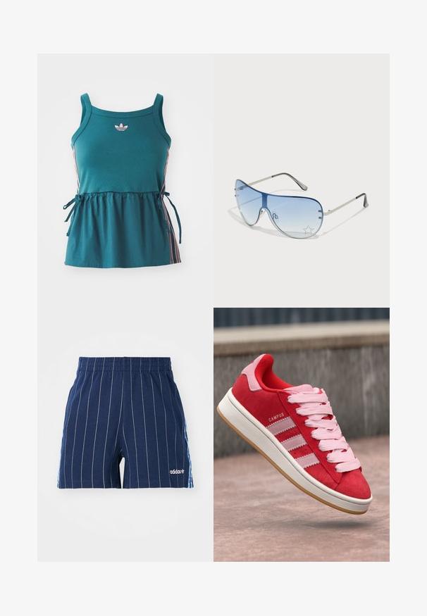 Teal ärmlös topp med rynkad midja, rosa sidostråk och broderad logotyp. Tillverkad av mjukt material med avslappnad passform och knytdetaljer.; Mörkblå shorts med vita ränder, elastisk midja och Adidas-logo. Har blåa detaljer på sidorna, tillverkade av bomullsblandat material.; Röd mockaskor med rosa detaljer, med tre vita ränder och ljusrosa snören. Vit mellansula och gummisula.; Pilotglasögon med gradientblå linser, silverfärgad metallram och dekorativa stjärnaccenter på linserna. Snygg och elegant design.