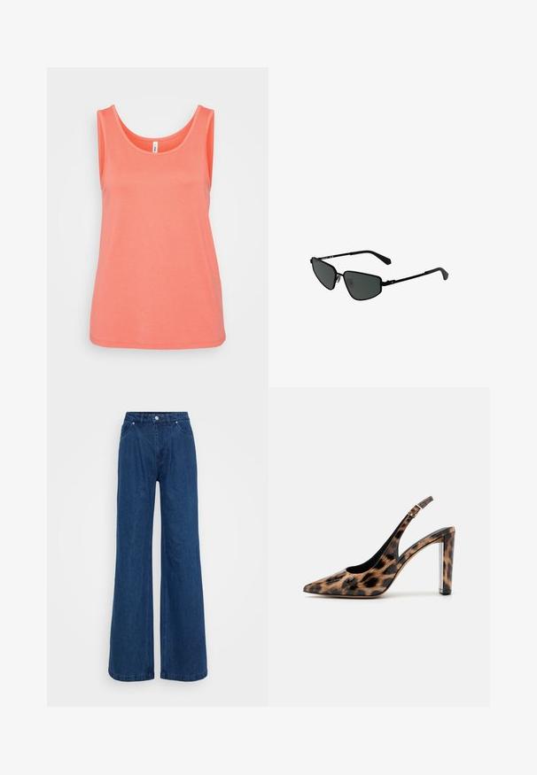 Coral sleeveless tank top made of soft cotton, featuring a rounded neckline and straight hem. Smooth texture with no patterns or embellishments.; Wide-leg blue denim jeans with a high waist, front button and zipper closure, and front and back pockets against a plain background.; Leopard print slingback pump with a pointed toe and transparent block heel. Made of glossy material with a smooth texture.; Black metal sunglasses with angular frames and dark lenses. Features thin, straight arms and nose pads for secure fit.; Silver hoop earring with a polished finish, featuring small gold accent details and a round shape, worn on the lobe.