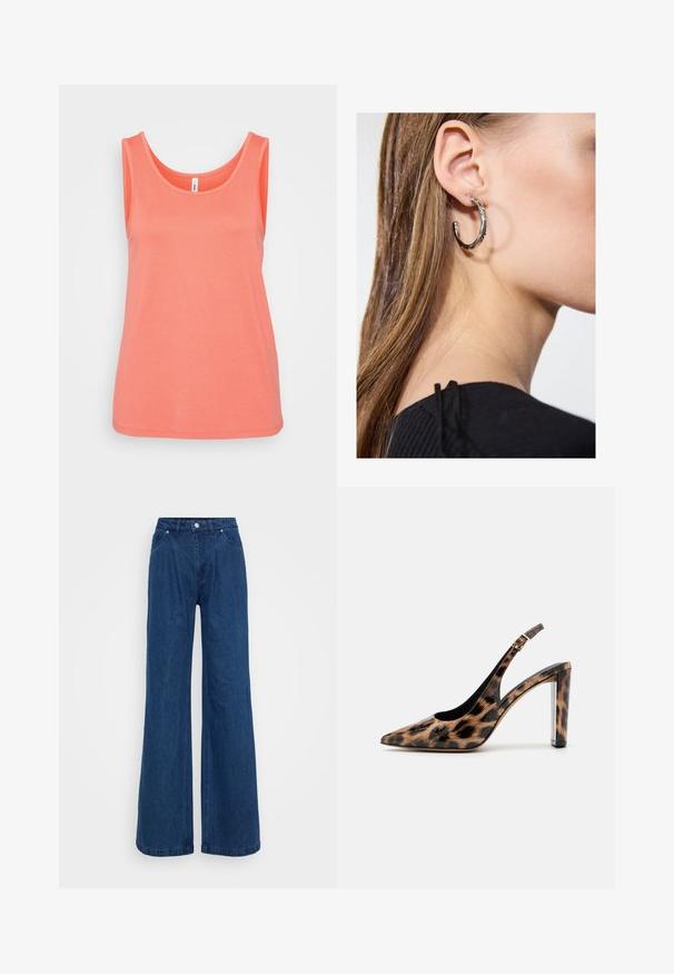 Koralo spalvos be rankovių marškinėliai, pagaminti iš minkštos medvilnės, su apvalia iškirpte ir tiesiu apvadu. Lygus paviršius be raštų ar dekoracijų.; Mėlynos plačios džinsinio audinio kelnės su aukšta juosmens linija, priekyje mygtukas ir užtrauktukas, bei priekinės ir užpakalinės kišenės prieš paprastą foną.; Leopardų rašto slingback aukštakulniai su smailiu priekiu ir skaidriu blokuotu kulnu. Pagaminti iš blizgaus medžiagos su glotnia tekstūra.; Sidabrinė lankinė auskarai su poliruotu paviršiumi, turintys mažus auksinius akcentus ir apvalią formą, dėvimi ant ausies kaušelio.