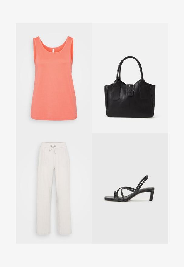 Korallna majica bez rukava od mekog pamuka, s zaobljenim izrezom i ravnim rubom. Glatka tekstura bez uzoraka ili ukrasa.; Svijetlosmeđi laneni hlače širokog kroja, s rastezljivim pojasom i detaljem vezanja sprijeda. Teksturalna tkanina dodaje vizualni interes.; Crne sandale s trakama, kvadratnim prstom i niskom blok petom. Ima više tankih trakica i podesivu trakicu oko gležnja. Izrađene su od glatke kože.; Crna kožna torba za nošenje s glatkom teksturom, strukturiranim oblikom, dvije ručke i istaknutim srebrnim kopčanjem na prednjoj strani.