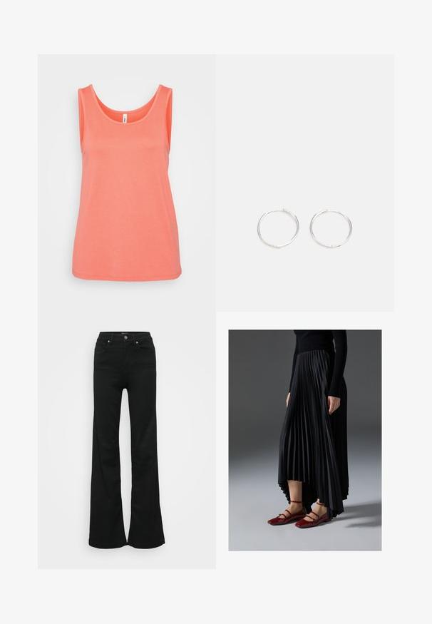 Koralen brezrokavni top iz mehke bombažne tkanine, z zaobljenim izrezom in ravnim robom. Gladka tekstura brez vzorcev ali okrasnih elementov.; Črne razširjene kavbojke iz denima, z visokim pasom, petimi žepi in kovinskim gumbom za zapiranje. Gladka tekstura z minimalnimi detajli.; Črna nabrana krila z višjim sprednjim in nižjim zadnjim delom, kombinirana z sijočimi rdečimi balerinkami s trakastim dizajnom. Tkanina ima gladko teksturo.; Srebrne kroglice z elegantnim, okroglim oblikovanjem, z gladko površino in brez vidnih okrasnih elementov. Premer ni določen.