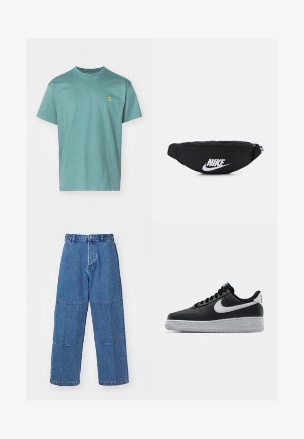 Bomullströja i teal, korta ärmar, rundad halsringning, med en liten gul logotyp på vänster bröst. Texturerad tyg med en slät finish.; Ljust blå denimbyxor med avslappnad passform, med två distinkta tygpaneler, knappstängning fram och vida ben.; Svart lädersneaker med strukturerad yta, vit Nike-swoosh, grå sula, rund tå och snörningsdesign. Har perforeringar på tåboxen.; Svart nylon midjeväska med dragkedjestängning, med en stor vit Nike-logotyp. Slät textur och ergonomisk design för bekväm användning.