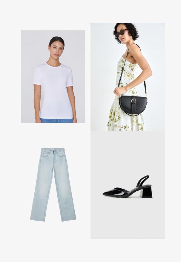 T-shirt bianco a maniche corte realizzato in tessuto morbido, con scollo rotondo e silhouette aderente, mostrato su uno sfondo neutro.; Jeans a gamba larga di colore blu chiaro realizzati in denim. Presentano cinque tasche, un bottone sul davanti e dettagli sbiaditi. Taglio dritto classico con vestibilità ampia.; Décolleté in vernice nera con punta affusolata e tacco in geometria cubica. Presentano un design elegante e minimalista, con una texture liscia.; Borsa a tracolla nera in pelle con una forma curva, manico rimovibile e accessori dorati. La borsa presenta una patta con un dettaglio a fibbia.