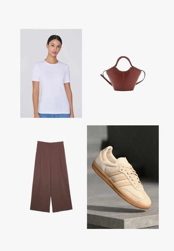 T-shirt bianco a maniche corte realizzato in tessuto morbido, con scollo rotondo e silhouette aderente, mostrato su uno sfondo neutro.; Pantaloni ampi marroni con una texture liscia, caratterizzati da una vita alta e pieghe frontali. Il tessuto è leggero e scorre liberamente.; Sneaker in suede beige chiaro con suola in gomma, tre strisce diagonali e punta con texture. Presenta il logo sulla linguetta e sul lato.; Borsa a mano in pelle marrone con forma conica, manici robusti e cuciture bianche a contrasto. Presenta una tracolla removibile per una maggiore versatilità.