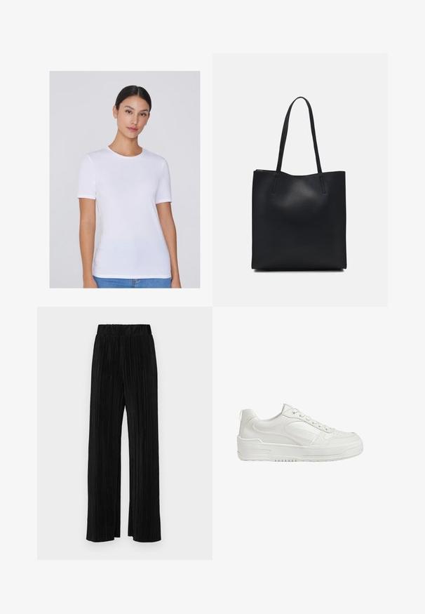 White short-sleeve t-shirt made from soft fabric, featuring a round neckline and a fitted silhouette, displayed against a neutral background.; Black pleated trousers with an elastic waistband. Features wide legs and a smooth, textured fabric with vertical stripes.; White leather sneakers with smooth texture, padded ankle, and perforated toe. Features a slightly elevated rubber sole and lace-up design.; Black leather tote bag with smooth texture, rectangular shape, and two long handles. No visible hardware or embellishments.