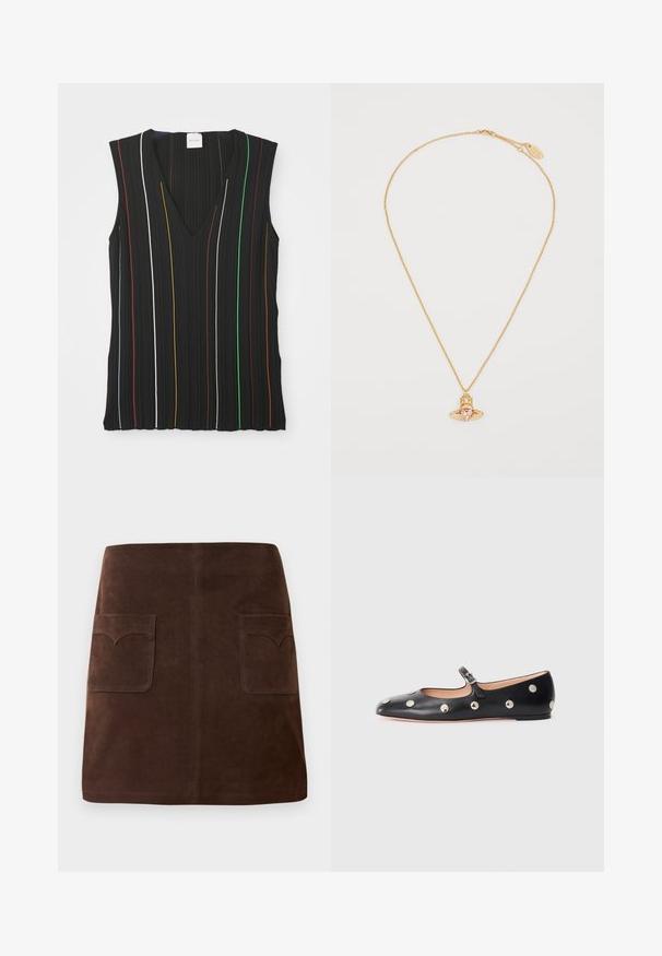 Fekete ujjatlan felső V-nyakkivágással, függőleges csíkokkal piros, fehér, kék, sárga, zöld és barna színben; bordázott textúrával.; Fehér, hosszú ujjú ing, karcsú szabással. Nagy gallérral, elöl barna gombos záródással, és egy kis hímzett logóval rendelkezik.; Barna velúr szoknya klasszikus A-vonalú fazonnal, két elülső zsebbel kerek fedéllel és diszkrét varrási részletekkel.; Fekete bőr Mary Jane lapossarkú cipő, lekerekített orral, ezüst színű kör alakú szegecsekkel és állítható pánttal, csattal.; Az arany lánc nyaklánc szív alakú rózsaszín drágakő medáljával rendelkezik, amely geometrikus mintával és apró átlátszó díszítésekkel büszkélkedhet.