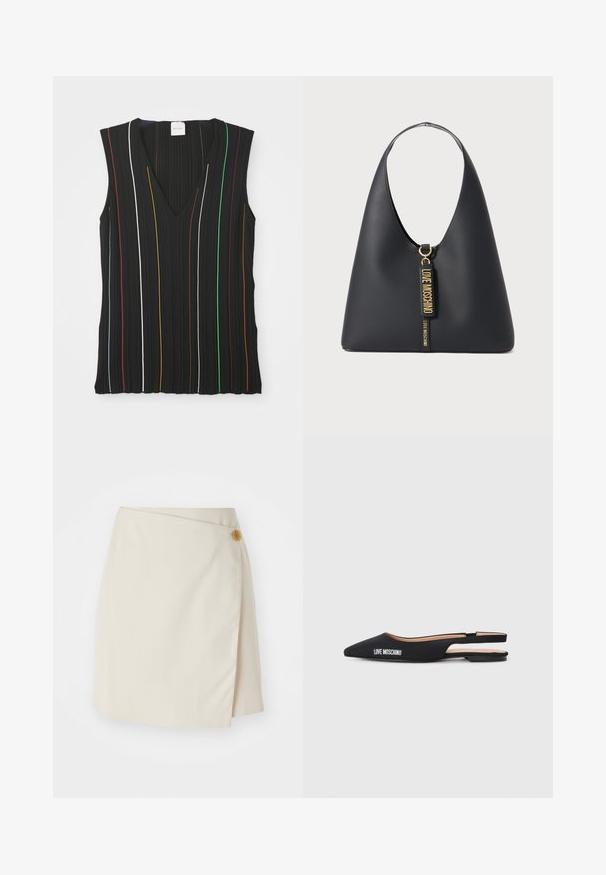 Black sleeveless top with a V-neck, featuring vertical stripes in red, white, blue, yellow, green, and brown; ribbed texture.; Beige wrap skirt featuring a side button closure, solid fabric, clean lines, and a smooth texture, designed for a fitted silhouette.; Black slingback flats with pointed toes, made of smooth material. Features white "LOVE MOSCHINO" branding and a minimalistic design.; Black leather shoulder bag with a wide strap, gold hardware, and two hanging tags embossed with "LOVE MOSCHINO" in gold letters.