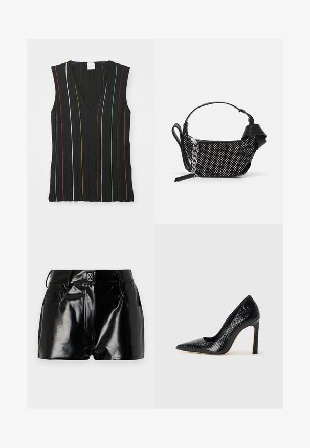 Haut sans manches noir avec un décolleté en V, présentant des rayures verticales rouges, blanches, bleues, jaunes, vertes et marron ; texture côtelée.; Shorts noirs et brillants en matériau synthétique. Présentent une taille ajustée, des passants de ceinture et des poches avant avec des détails de couture prononcés.; Escarpin noir à bout pointu avec texture en cuir de crocodile, présentant un design élégant, un haut talon aiguille et un intérieur noir lisse.; Sac à main noir avec un design texturé, orné de clous en argent et d'une bandoulière en chaîne argentée épaisse. Présente une forme élégante et minimaliste.