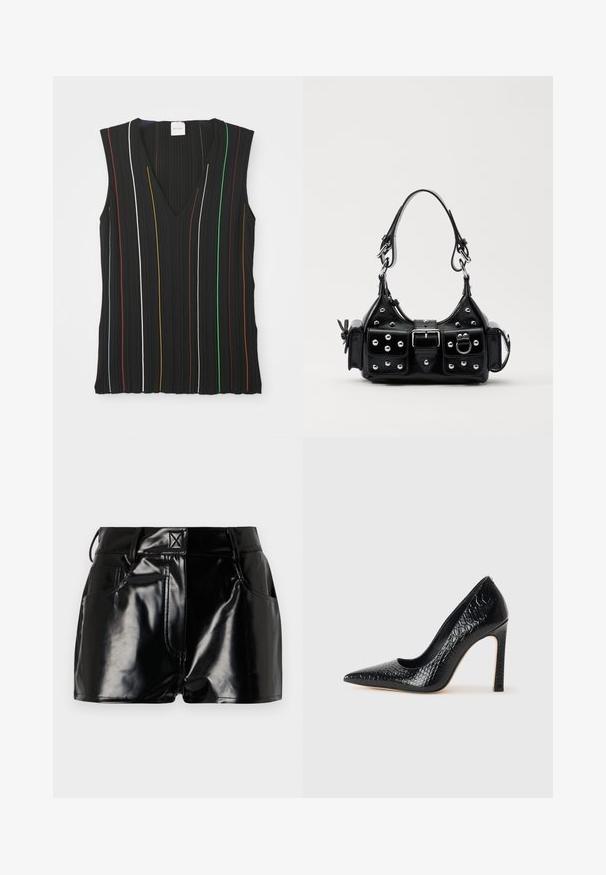 Schwarzes ärmelloses Top mit V-Ausschnitt, verziert mit vertikalen Streifen in Rot, Weiß, Blau, Gelb, Grün und Braun; gerippte Textur.; Schwarze, glänzende Shorts aus synthetischem Material. Mit einem taillierten Bund, Gürtelschlaufen und vorderen Taschen mit auffälligen Nähdetails.; Schwarzer, spitz zulaufender High Heel mit Krokodilleder-Struktur, elegantem Design, hohem Stiletto-Absatz und glattem schwarzen Innenraum.; Schwarze Lederhandtasche mit einem geschwungenen Design, verziert mit silbernen Nieten, einer Schnalle und zwei seitlichen Taschen. Verstellbarer Träger für verschiedene Tragemöglichkeiten.