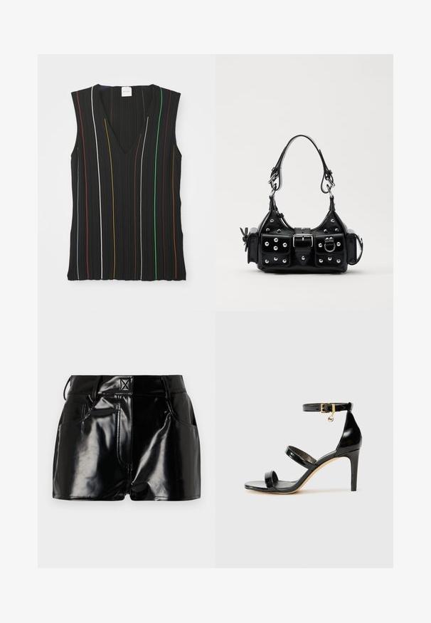 Must välimisega mustatuubiga top, millel on V-kaelus ja vertikaalsed triibud punases, valges, sinises, kollases, rohelises ja pruunis; ribakujuline tekstuur.; Mustad, läikivad lühikesed püksid sünteetilisest materjalist. Omab kitsast piha, vöölõike ja esimesi taskuid, millel on silmapaistvad õmbluse detailid.; Must musta nahk sandaal kolme rihmaga, pahkluu vööga ja 4-tollise stilettakontsaga. Omab kuldset detaili ja logovõtit.; Must värvi nahast käekott, millel on kaarjas disain, hõbedased nupukesed, kinnitusahe ja kaks külgtaskut. Reguleeritav rihm erinevate kandmisvõimaluste jaoks.