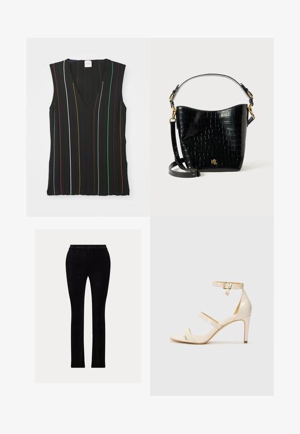 Crni top bez rukava s V izrezom, s vertikalnim prugama u crvenoj, bijeloj, plavoj, žutoj, zelenoj i smeđoj boji; rebrasta tekstura.; Crne hlače izrađene od glatkog, baršunastog materijala. Prilagođeni kroj s ravnim nogavicama, s klasičnim pojasom i petljama za remen.; Bež sandale na visoku petu s tankim remenom oko gležnja i dva gornja remena. Sjajan lakirani završetak i detalj zlatne boje na remenu oko gležnja.; Crna torba od kože s uzorkom krokodila, zakrivljenog oblika, s zlatnim metalnim detaljima, podesivim remenom i logotipom sprijeda.