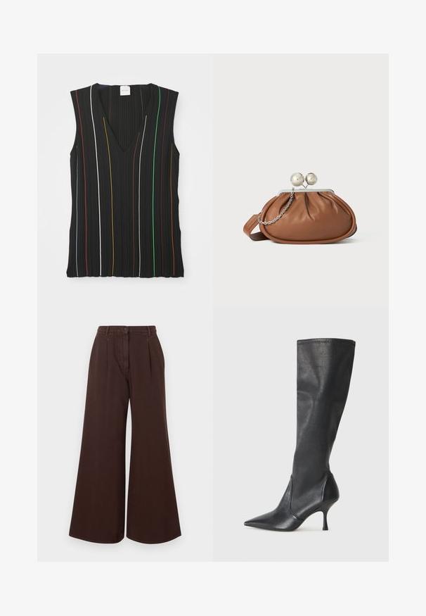 Zwart mouwloos top met een V-hals, gekenmerkt door verticale strepen in rood, wit, blauw, geel, groen en bruin; geribde textuur.; Hoge taille, wijde bruine broek met knoop- en ritssluiting, riemlussen en voorplooien.; Kniehoge zwarte leren laarzen met een spitse neus en een slanke stilettohak. Glad textuur met een aansluitend ontwerp en stiksels aan de bovenrand.; Bruine leren clutch met een zilveren balsluiting en een klein zilveren kettingdetail op een witte achtergrond.