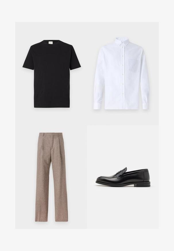 Melna kokvilnas t-krekls ar apaļu kakla izgriezumu un īsām piedurknēm. Iezīmē taisna piegriezuma un minimālistisku dizainu, ar uzliktu etiķeti pie apkakles.; Balts garo piedurknēm krekliņš ar pogām, izgatavots no kokvilnas, ar krūšu kabatu ar tonālu izšuvumu, apkakli un pogām pie piedurknēm.; Brūni, augstos šortos izgatavoti no teksturēta auduma. Iezīmē plašas kājas un divas priekšējās krokas, kas nodrošina struktūru. Kārtīga apdare bez redzamām detaļām.; Melnas ādas kurpes ar gludu tekstūru, noapaļu purngalu un dekoratīvu siksniņu pāri priekšpusei. Zems sakrauts papēdis, minimālisma dizains.