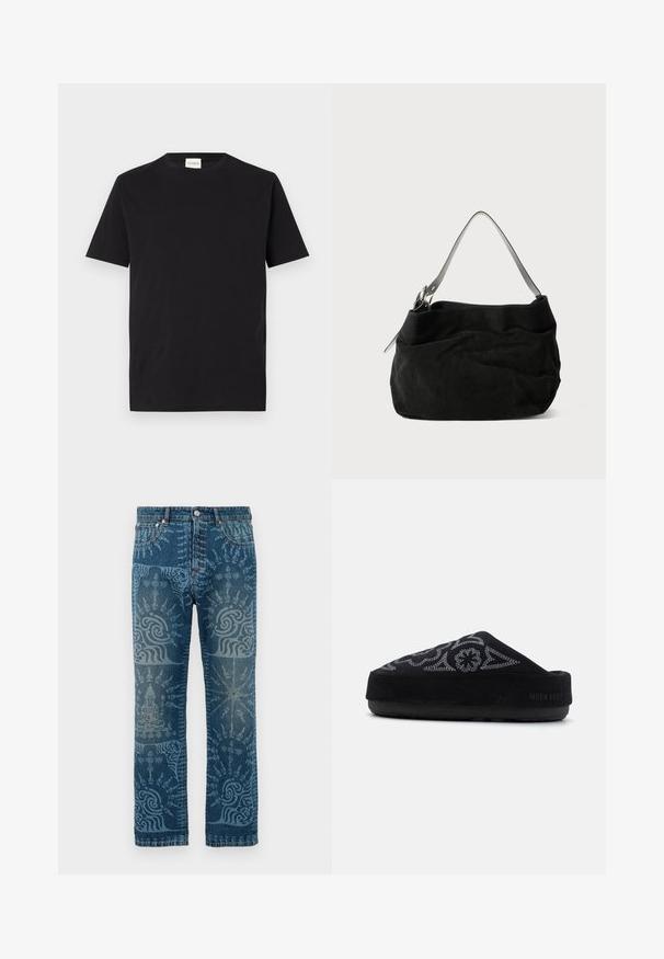Black cotton t-shirt with a crew neckline and short sleeves. Features a straight cut and minimal design, with a tag visible at the collar.; Denim jeans in a medium blue wash, featuring intricate light blue patterns, straight leg design, classic five-pocket style, and button closure.; Black suede slip-on shoe with embroidered design, rounded toe, thick sole, and the text "MOON BOOT" on the heel. Textured surface.; Black suede bag with a soft, slouchy design. Features a thin, smooth leather shoulder strap and subtle stitching details.