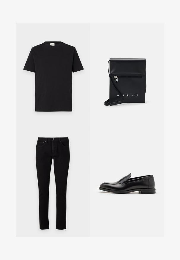 Sort bomulds T-shirt med rund hals og korte ærmer. Har et lige snit og et minimalistisk design, med et mærke synligt ved kraven.; Sorte denim jeans med slim fit, har en standard talje, fem lommer og metal hardware detaljer. Glat, let strækbar tekstur.; Sorte læderloafers med en glat overflade, rund tå og en dekorativ strop over vampen. Lav hæl med stabeldesign, minimalistisk stil.; Sort læder crossbody taske med en lynlåslomme foran, præget logo og justerbar rem. Glat tekstur med en struktureret form.