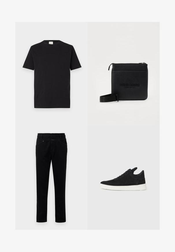 Črna bombažna majica s krožnim izrezom in kratkimi rokavi. Ima raven kroj in minimalističen dizajn, z oznako vidno na ovratniku.; Črne jeans hlače s ravno obliko, ki vključujejo gumbasto zapiranje, pet žepov in gladko teksturo.; Črne semiš športne copate z belo gumijasto podplatom, ki imajo toneče šive in vezalni dizajn. Gladka tekstura z modernim, poenoteno oblikovano silhueto.; Črna usnjena torba preko telesa z zadrgo, teksturirano površino, vtisnjenim logotipom in odstranljivo naramnico za večkratno nošenje.